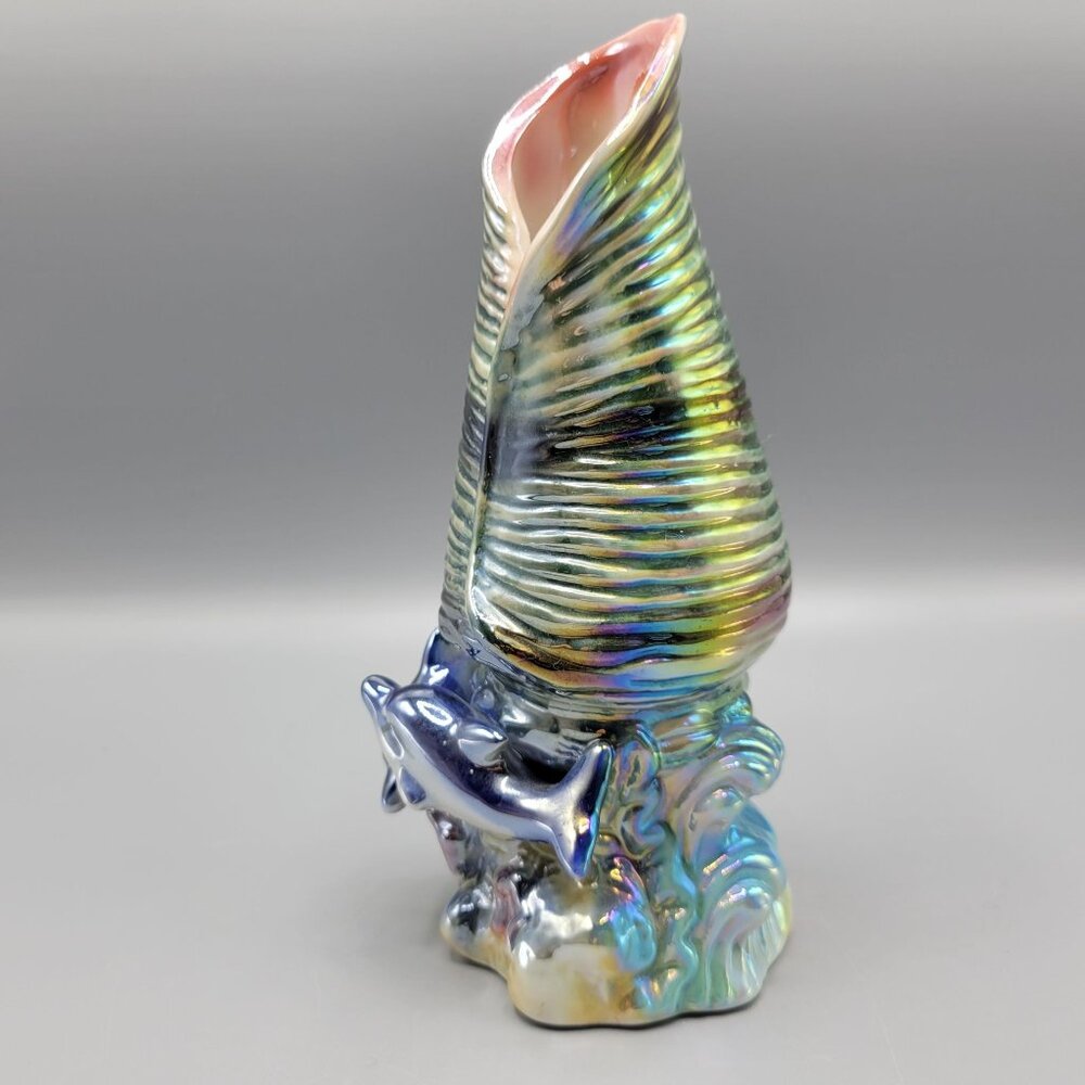 Vintage Iridescent Ceramic Vase Shell Shape Ocean Inspired Design 7.5" Tall